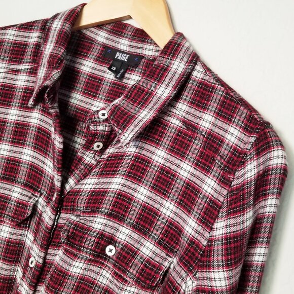 PAIGE Trudy Plaid Button Down Shirt Top XS Flannel Barlow Black Scarlet Red SOFT - Picture 5 of 16
